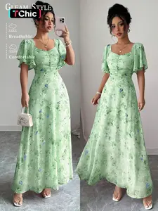 2026 Summer New European and American Style Women's Ruffle Sleeve Butterfly Print Slim Fit Breathable Elegant Dress, Fashionable and Stylish Clothing