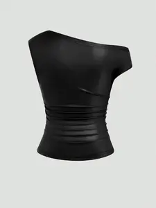 Refined Women's Fashion Casual Slim Sleeveless Asymmetrical Shoulder Top Womenswear, Perfect for Shopping and Commuting, Stylish Everyday Wear, Outdoor, Stretchy, Breathable, Every Season, All Seasons, Breathable