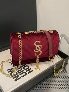 Women's Fashion Velvet Crossbody Shoulder Handbag, Versatile Chain Clutch Purse, Casual Square Travel Phone Wallet, Ideal for Office and Students