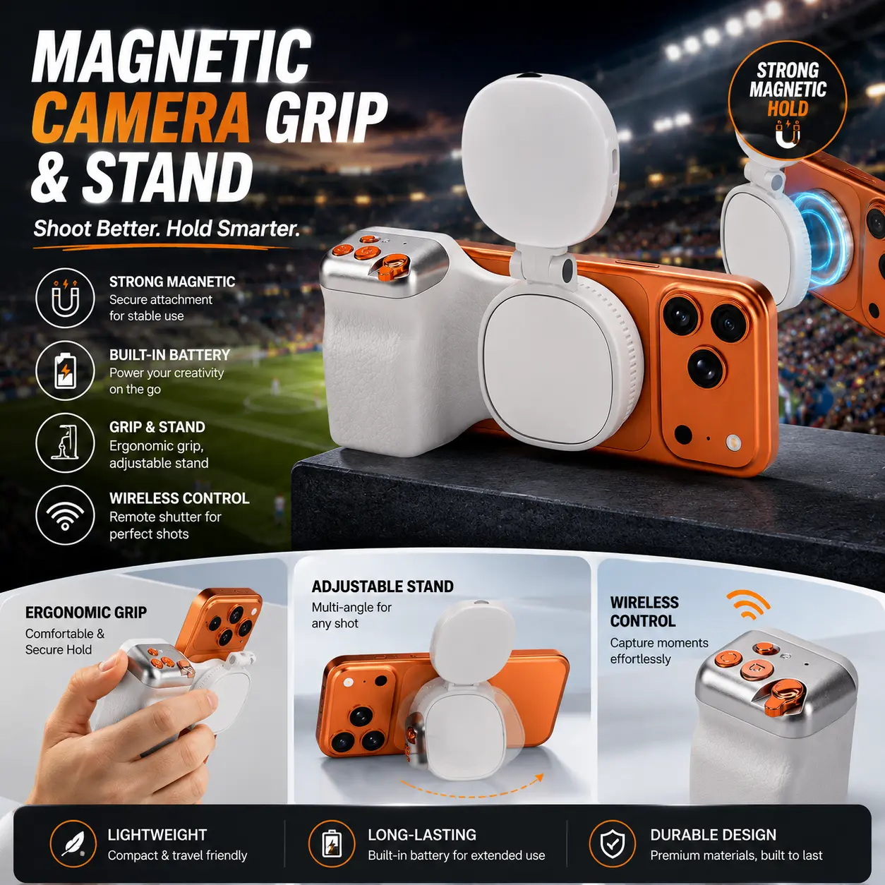 New Fun Lens Magnetic Phone Camera Grip + Magnetic Selfie Light (Silver) Combo Set, suitable for iPhone 13 and Android devices, is a creator's kit for taking selfies/photographs/posting videos on TikTok Rotatable Stick Tripod with Remote summerwins