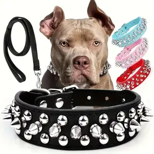Spiked Dog Collar and Leash, Adjustable Synthetic Leather Pet Collar with Rivet Detail, Durable Outdoor Walking Gear for Dogs Set