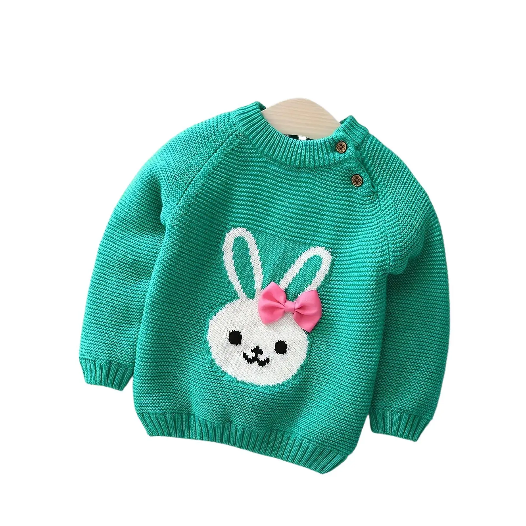 Girls’ Chunky Knit Cotton Fashion Sweater - New Double-Layer Long Sleeve, 3D Bunny Head, Bow Embroidery, Shoulder Buckles, Letter Detailing, Subzero-Ready, Animated Animal Design (Gift Option), Chunky Knit Sweater, Fashion Sweaters