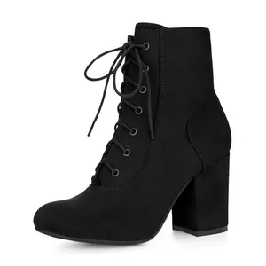 BLISSFUL STEP Round Toe Chunky High Heel Lace Up Booties