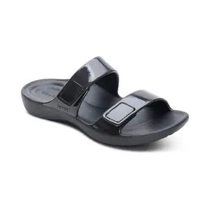 Aetrex Kaia Two Band Slide - Black Gloss | Women's Orthotic Slides with Arch Support for Foot Pain Relief