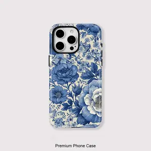 Blue Floral Vintage Phone Case Aesthetic Toile De Jouy Flower Pattern Shockproof Tough Protective Cover Trendy Fashion Smartphone Accessory Compatible with iPhone 17 16 15 14 13 Pro Max Plus Ideal Daily Stylish Gift for Women