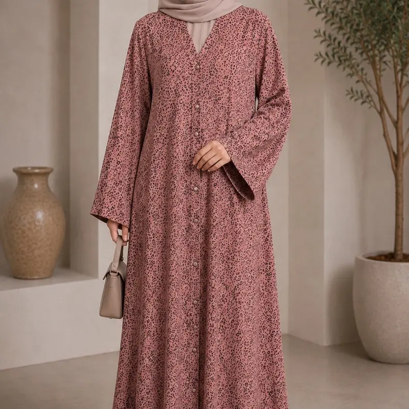 Dusty Rose Printed Button Front Abaya