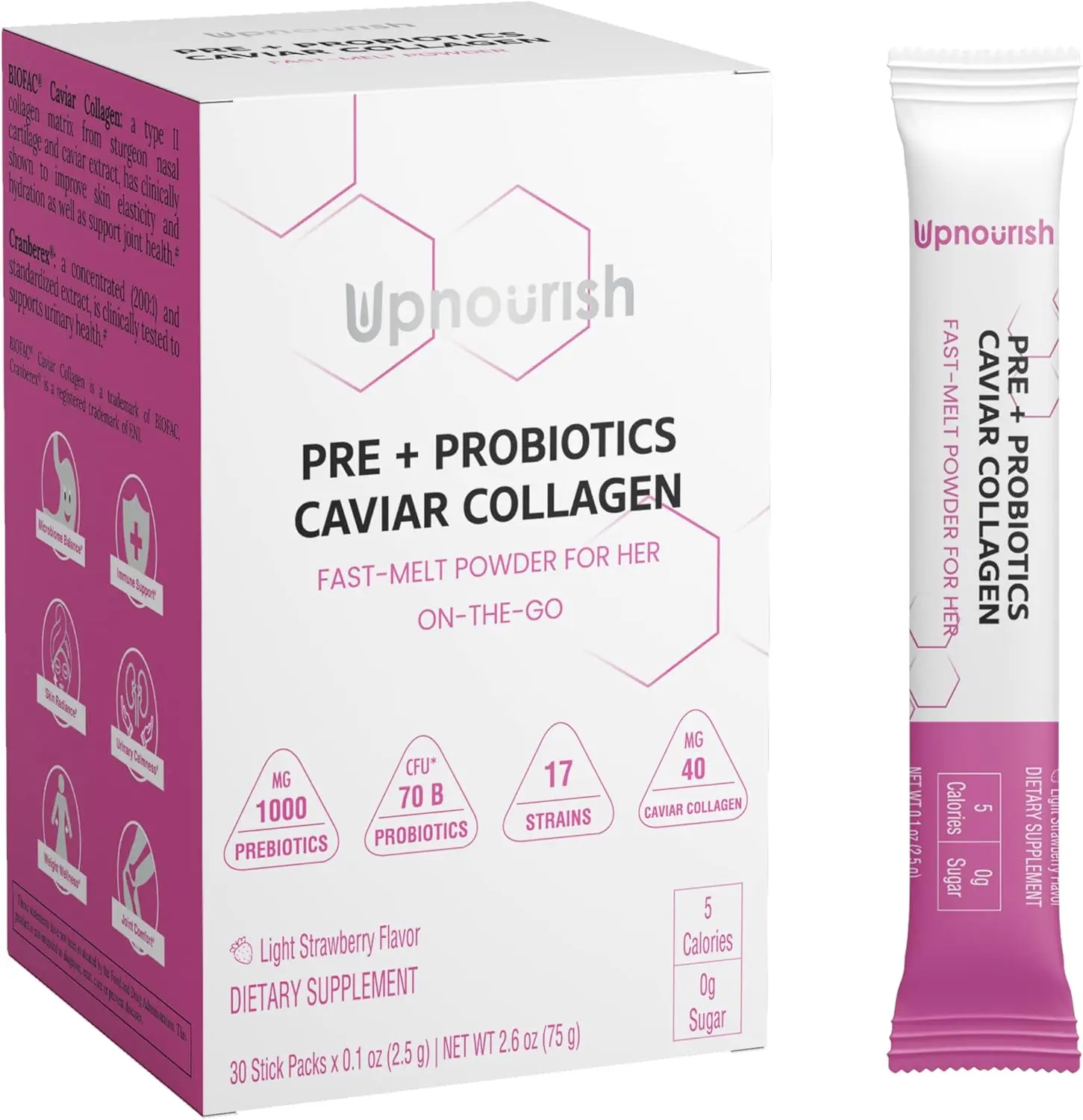 UpNourish Probiotics, Caviar Collagen with Prebiotics for Women's Digestive, Skin Radiance, and Feminine Health with Cranberry Extract & D-Mannose, 30 Fast-melt Packets