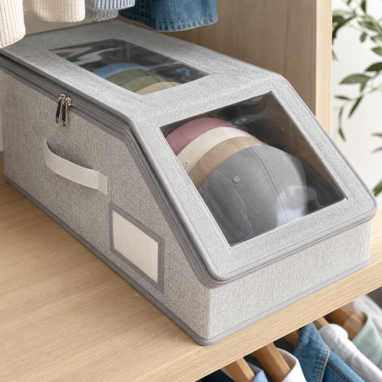 Baseball Cap Organizer Fabric Folding Storage Bin - Stackable Box with Sturdy Base, Collapsible, Dustproof, Double Zipper, Carry Handle, Label Pocket, Holds Up to 12 Caps, for Closet, Bedroom