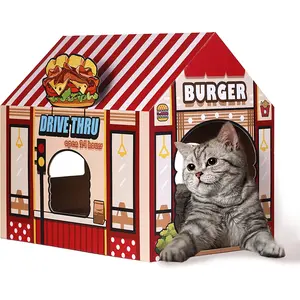 SEKAM Cardboard Cat House with Scratcher/Catnip,(16.5''X12''X15'') Kitty Burger Shop for Indoor/Outdoor Cats,Cat Play House&Home Decor,Cat Scratch Toy for Cat Birthday,Hideout for Bunny&Small Animals SEKAM