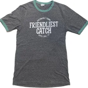 Friendliest Catch Small T-shirt - Gray with Aqua trim & Text “Sustainable Fishing Santa Cruz Ca” and “Friendliest Catch”.