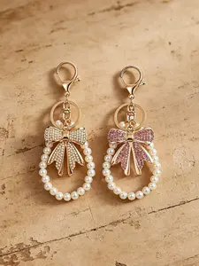 Rhinestone Bow Keychain Set, Imitation Pearl Chain, Shiny Bow Wallet Pendant, Handbag Decoration, keychain for bags, Fashionable Women's Accessories