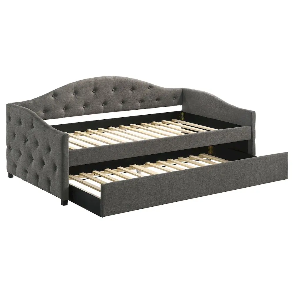 Sadie Camelback Upholstered Twin Daybed with Soft Fabric, Button-Tufted Back, Compact Design, Easily Retrievable Hidden Trundle, Grey - Transitional Indoor Space-Saving Furniture
