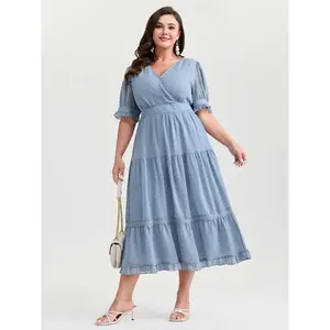 BLOOMCHIC Womens Plus Size Midi Dress [M-6X] with Textured Lace Trim Wrap Neckline Tiered 2026 Summer Vibes Swimweek