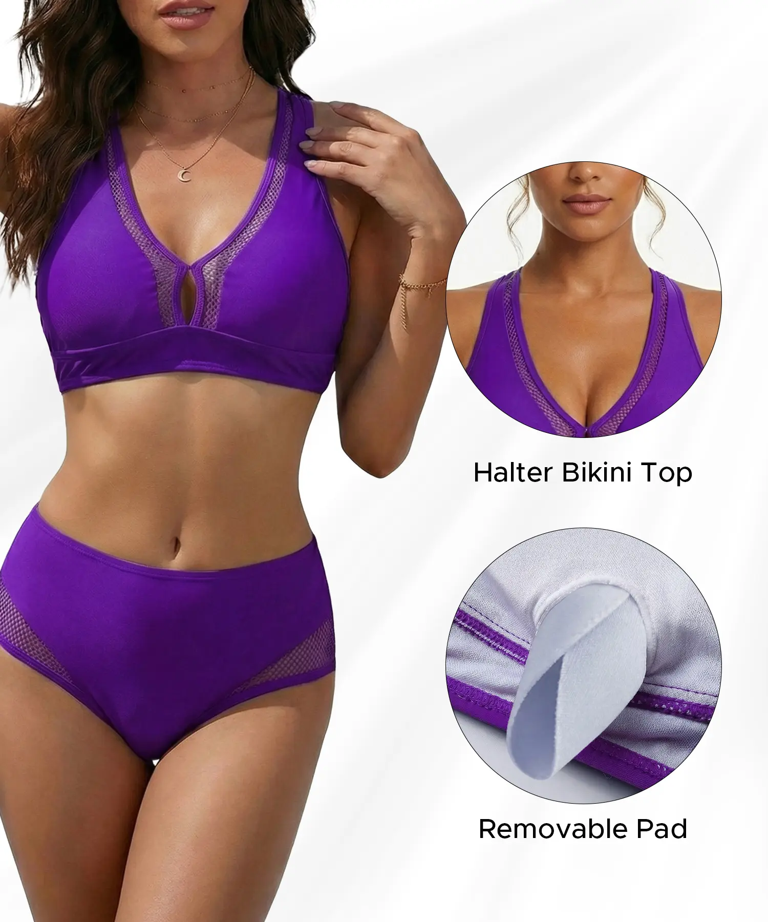 MIA PRISTINE Women's 2-Piece Hipster Bikini Set - 2026 Summer Deep V Mesh See-Through Padded No Underwire Body-Shaping Elastic Nylon-Lycra Seamed Textured Sleeveless Beachy Cutout Swimwear for Beach, Water Sports, Elastic Bikinis Set, Nylon-Lycra Bikinis