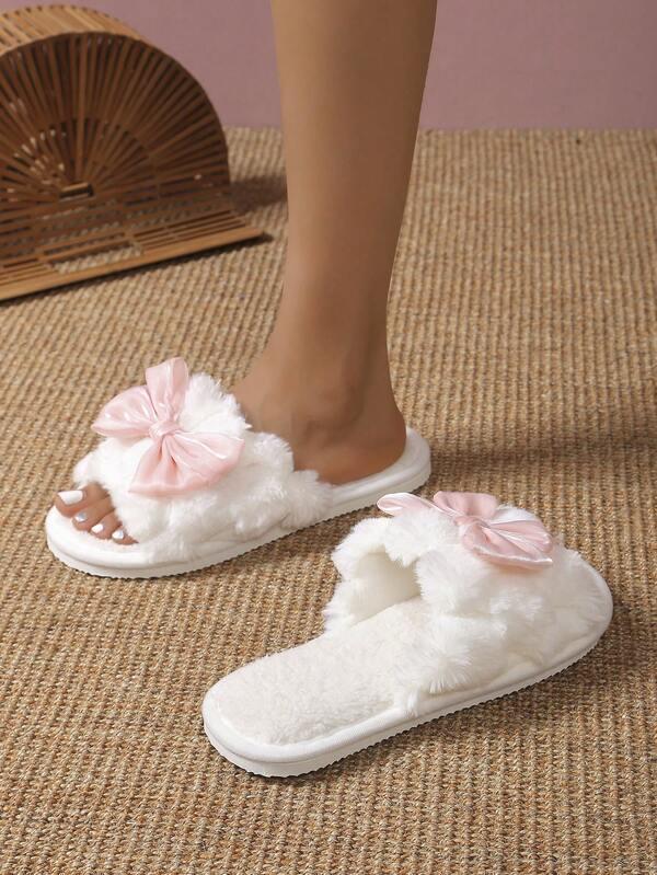 Bowknot Plush Warm Women's House Slippers, Comfortable Breathable Indoor Slippers For All Seasons