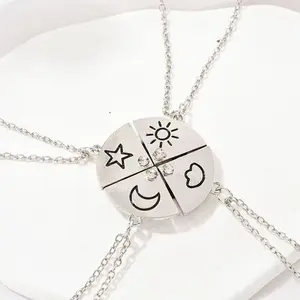Set of 4 Round Rhinestone Sun Star Moon Cloud Friendship Necklace, BFF Best Friends Forever Fantasy Cute Pendant for Unbreakable Friendship Family  for 3 or 4 Sisters  Family