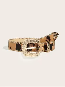 Women's Fashion Leopard Print Beads Decor Buckle Belt, Western Style Carved Buckle Design Belt for Jeans & Dress, Fashion Belt for Party, Daily Clothing Decor