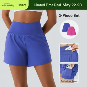 【Creator’s Pick】Halara 2-Piece Super High Waisted Back Pocket & Side Hidden Pocket 2-in-1 Yoga Shorts Set 5''-Longer Length #SwimWeek