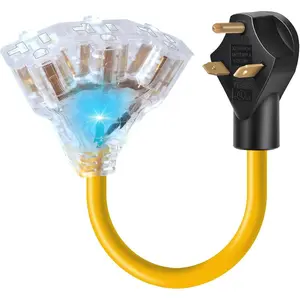 30 Amp to 110V 20 Amp RV Distribution Adapter,NEMA TT-30P Male to 3X 5-20R/15R Female,30 A to 15 A RV Adapter Extension Cord,3-Prong to LIT 3-Way Outlet Splitter for RV Generators with Lighted End