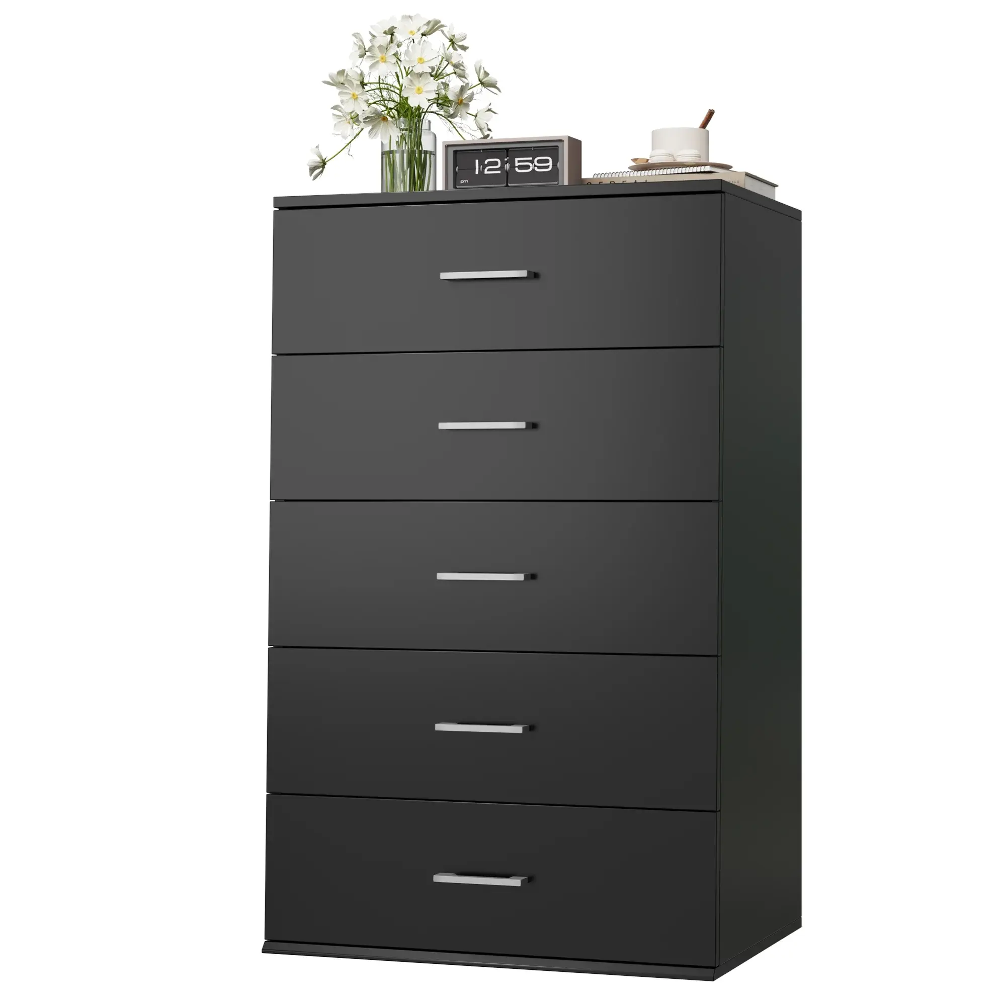 FOTOSOK 5 Drawer Black Dresser, Tall Dresser with Metal Handles,Vertical Bedroom Chest of Drawers, Wood Storage Cabinet for Living Room - TikTok Shop FOTOSOK 5 Drawer Black Dresser, Tall Dresser with Metal Handles,Vertical Bedroom Chest of Drawers, Wood Storage Cabinet for Living Room - TikTok Shop