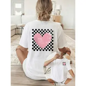 Pink Heart Checkerboard Graphic Tee Oversized Short Sleeve Crewneck Casual Streetwear Soft Comfy Trendy Outfit For Everyday Wear