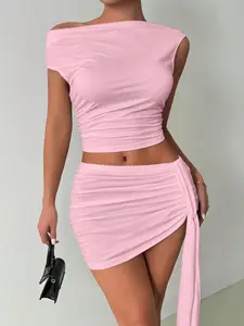 Two-piece women's set featuring a solid color off-shoulder ruched crop top and a side-ruched tie-waist bodycon mini skirt in a spicy girl style with stretchy fabric, slim-fitting, Short, suitable for nightclubs, seaside vacations, and casual