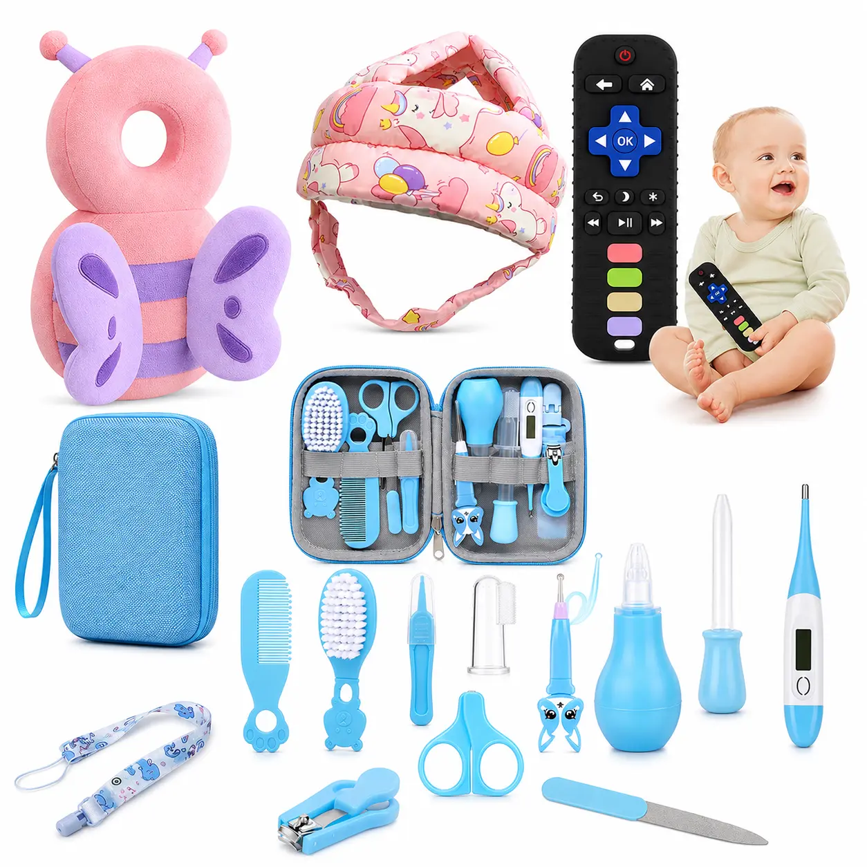 4-Pack Baby Healthcare & Grooming Kit with Remote-Controlled, Adjustable Protective Cap for Walking Infants – Head & Back Safety Support for Toddlers Learning to Walk