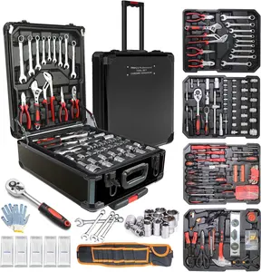799pcs Aluminum Trolley Case Tool Set Silver, House Repair Kit Set, Household Hand Tool Set, with Tool Belt,Gift on Father's Day (Black)