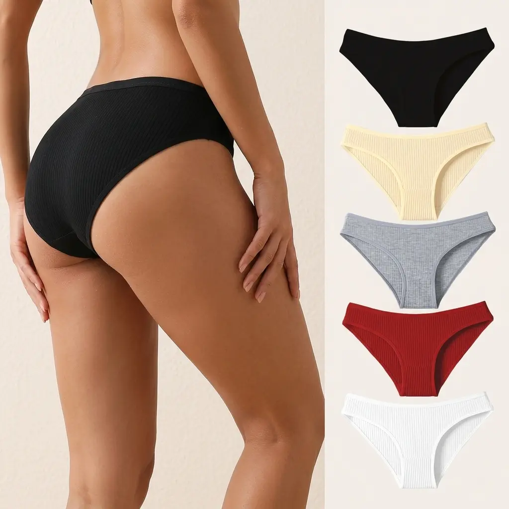 Women's Minimalist Style Ribbed Panties - Solid Low-Rise Underwear for Women with Soft Stretchy Fit, Lightweight Breathable Fabric Basics for Everyday Wear, Cotton Underwear, Solid Plain, Fashion Breathable Underwear, Low Waist