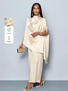 Women's Fashionable Solid Color Elegant Mock Neck Stylish And Sophisticated Batwing Sleeve Satin Asymmetrical Hem Blouse & Straight-Leg Elegant Long Pants Sets Fall Cloth For Women