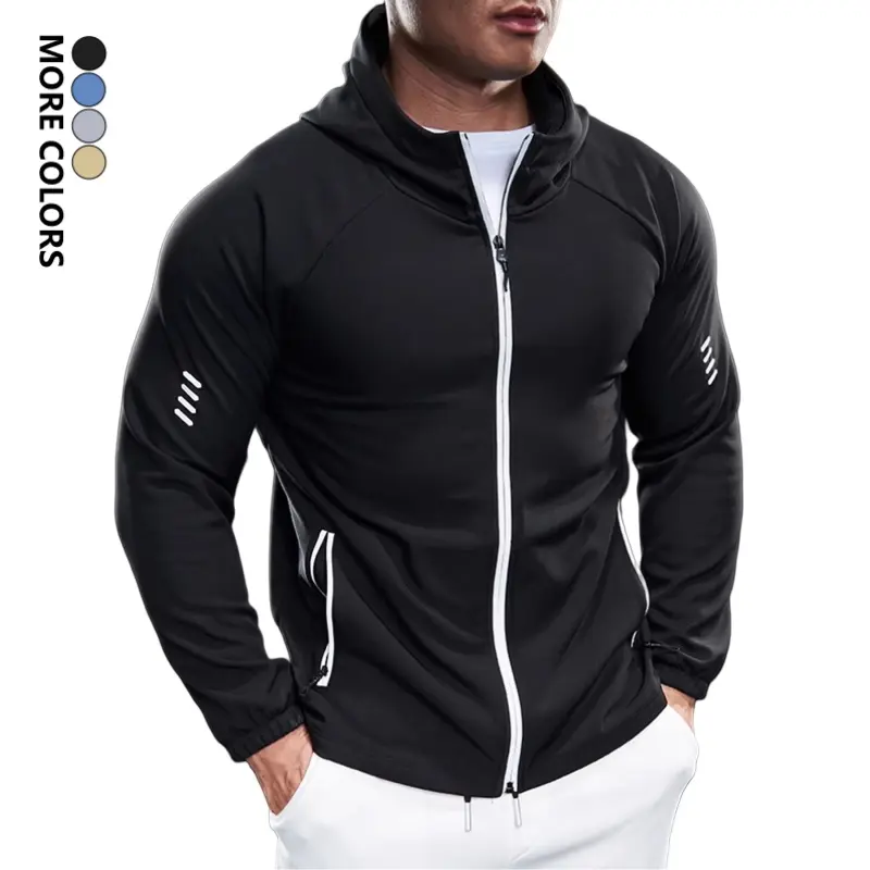 Men's Casual Hooded Athletic Jacket - Menswear Tops with Unique Reflective Zipper, Soft Comfort Fabric, Lightweight Sports Outerwear Suitable for Fitness, Daily Leisure, Outdoor Adventures