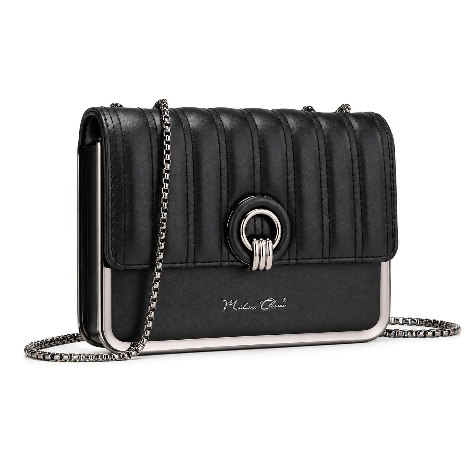 Milan Chiva Women's Quilted Chain Crossbody Chic Bag with Coin Purse 2-Piece Set, Adjustable Strap, Vertical Stitching, Vegan PU Casual Design, Crossbody Fashion Bag