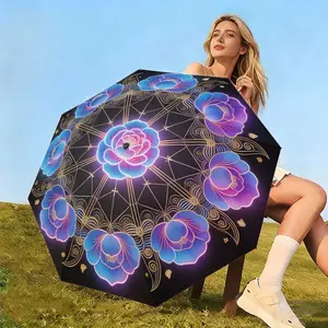 Neon Blue Lotus Print Umbrella, 8-Rib Lightweight Folding, Water-Repellent, Portable, UV Protection, Ideal for Daily Commute