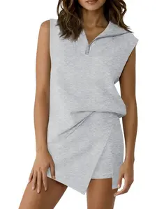 2026 New Women's 2 Piece Outfit, Half Zip Sleeveless Tank Top and Wrap Skort Shorts Set, Casual Loungewear Tracksuit