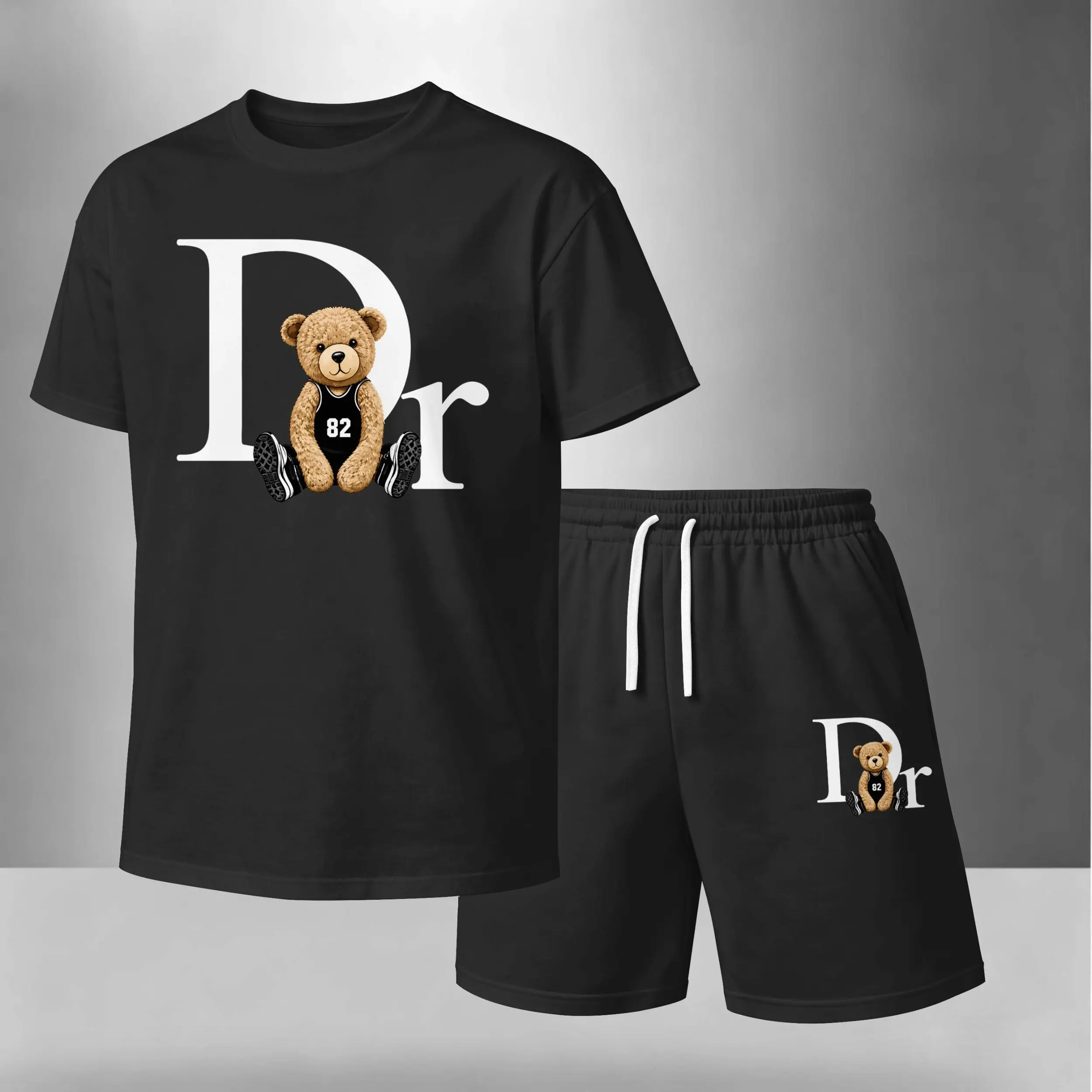 Men’s Summer 2 Piece Set, Bear Retro Letter Print Short Sleeve T Shirt and Drawstring Shorts Matching Outfit, Lightweight Breathable Casual Set for Travel, Streetwear, Beach, Vacation, and Daily Wear