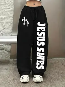 Women's Casual Sporty Long Pants, Jesus Saves Letter Print, Drawstring Loose Wide Leg, All Season Fashion, H-Type Silhouette