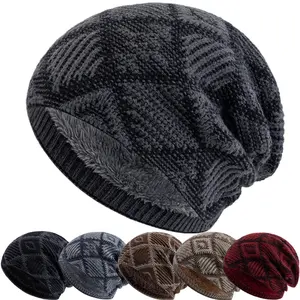 New Style Unisex Winter Chic Hats Color Blocked Diamond Knitted Hats For Men Women Beanie Cap Outdoor Plush Fur Lining Warm Hat