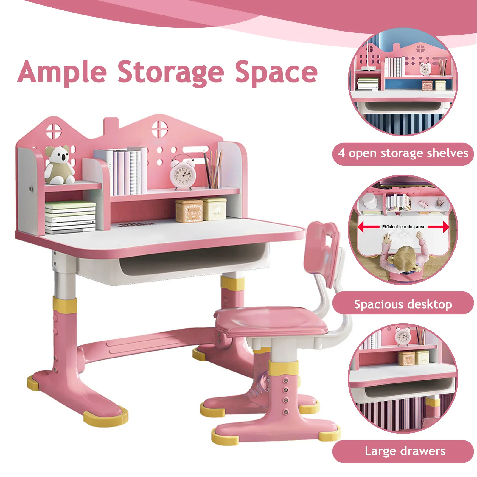 Bodonl Adjustable Kids Desk and Chair Set,Widened Desktop, Bookstand and Storage Drawer (Pink)Kids Functional Desk Chair Set, Height Adjustable Children School Study Desk with Castle Backboard, Widened Desktop, Bookstand and Storage Drawer (Pink)