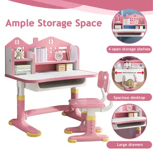 Bodonl Adjustable Kids Desk and Chair Set,Widened Desktop, Bookstand and Storage Drawer (Pink)Kids Functional Desk Chair Set, Height Adjustable Children School Study Desk with Castle Backboard, Widened Desktop, Bookstand and Storage Drawer (Pink)