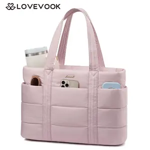 LOVEVOOK Puffer Tote Bag for Women, Large Multifunctional Work Laptop Bag, Lightweight Fashion Travel Shoulder Bag, Multi-pocket Compartment, with Elastic Water Bottle Pocket, Can be Hung On the Suitcase, Suitable for Multiple Scenarios