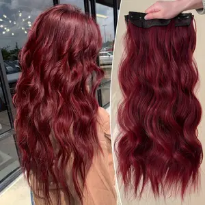 4pcs Inch Wine Red Color Clip in Hair Extensions,Hairpieces Long Wave Clip in Hair Pieces Full Head Synthetic Hair Extension for Women
