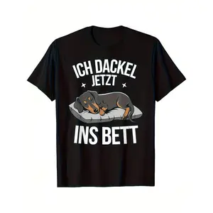 Men's Funny Dachshund Graphic T-Shirt, German Quote "Ich Dackel Ins Bett" Sleeping Dog Design, Black & White Casual Crew Neck Short Sleeve, Soft Breathable Daily Streetwear