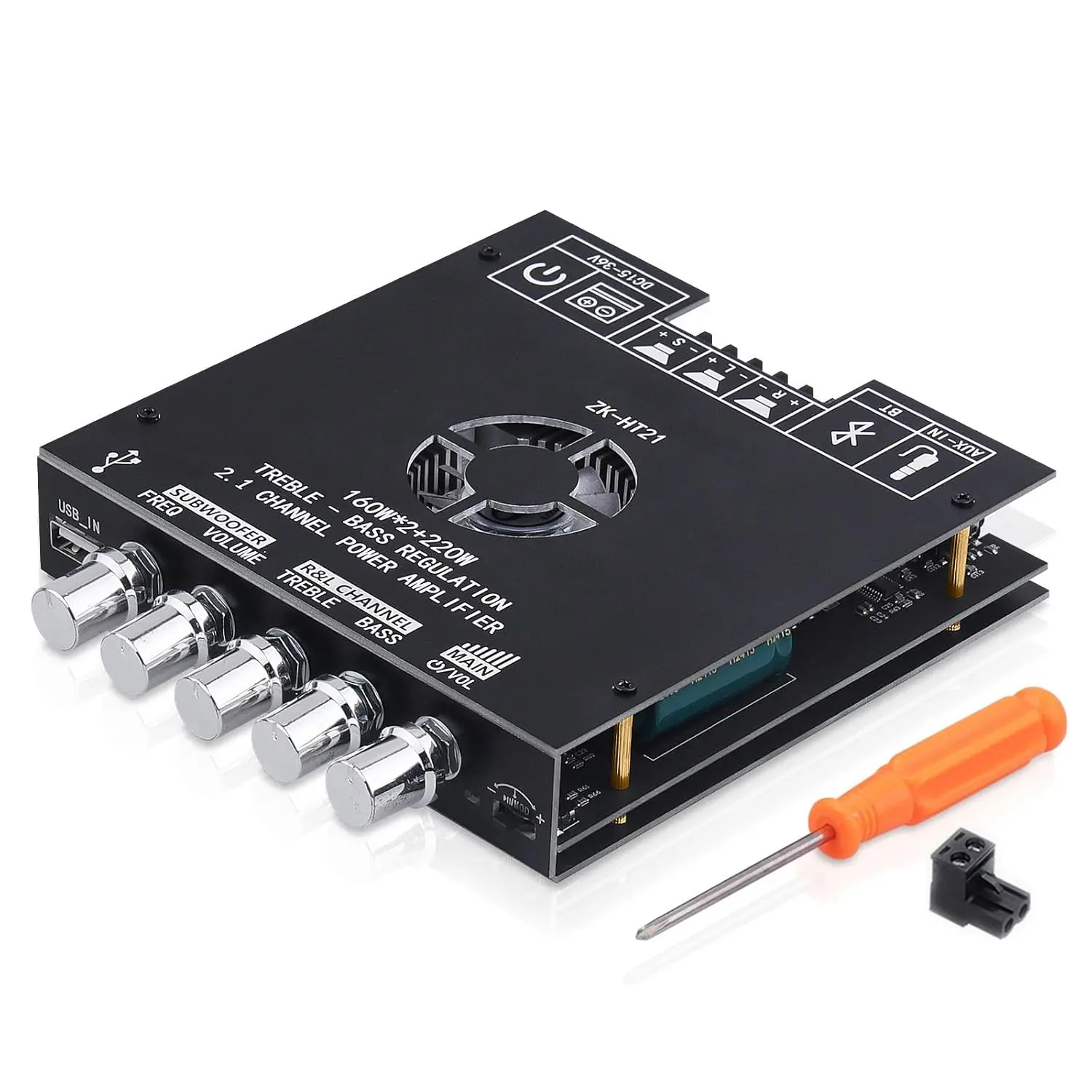 ZK-HT21 Bluetooth Stereo Amplifier Board - 2.1 Channel Wireless Audio Equipment with TDA7498E HiFi Chips, 160Wx2+220W Subwoofer Receiver, Preamp, BT/USB/AUX Connection Inputs, DC15-36V, DIY Home Speaker Protection