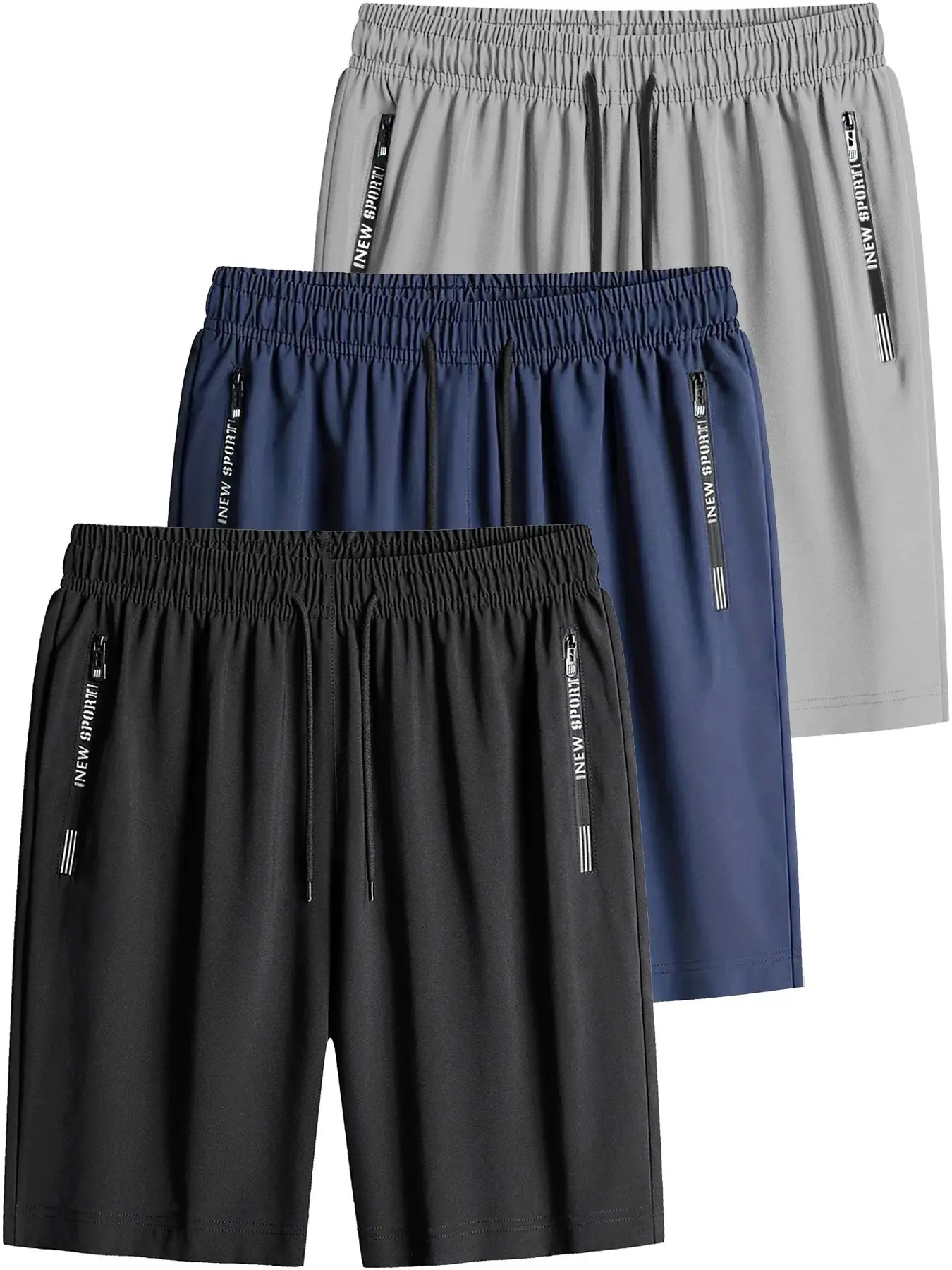 Men's 3pcs Plain Convenient Zipper Pocket Drawstring Shorts, Casual Elastic Waist Bottoms for Summer, Athleisure Breathable Men's Clothes for Daily We