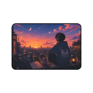 Sunset Cityscape with Headphones character Desk Mat | Anime Urban Night Scene