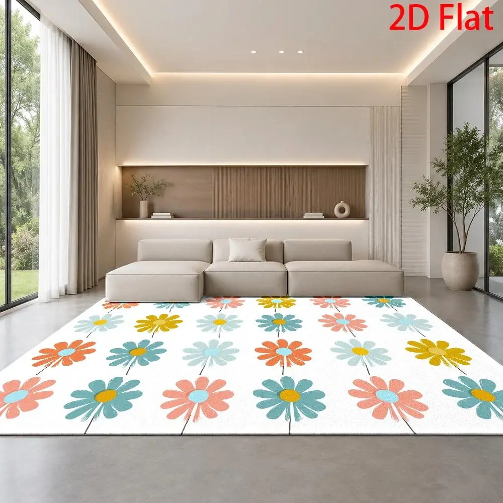 Vintage Retro 2D Flat Floral Daisy Pattern Polypropylene Large Area Rug - Durable, Machine Washable Outdoor Decor Mat for Living Rooms, Entryways - Santa Deer Christmas Living Room Decor Piece