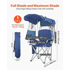 Summervibes VEVOR Camping Chair with Canopy Shade, Folding Beach Chair with Canopy Magazine Pocket, 2 Cup Holders, 330 lbs Heavy Duty Support, Carry Bags for Outdoor, Camp, Fishing, Tailgates, Deep Blue