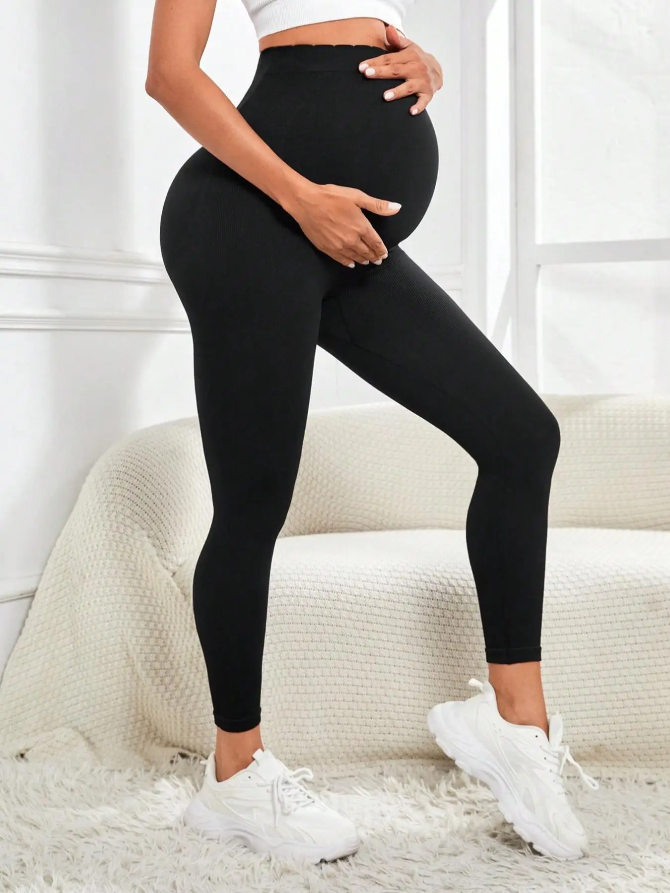 Maternity's Solid High Waist Leggings, Casual Comfy Breathable High Stretch Seamless Yoga Leggings for Pregnancy, Maternity Bottoms for All Seasons, P