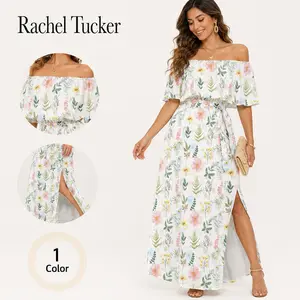 Rachel Tucker Women's Plus Size Off The Shoulder Dress Wedding Guest Dress Summer Casual Long Ruffle Party Side Split Beach Maxi Dresses with Pockets