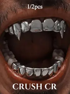 CRUSH CR 18K Gold Plated Vampire Fangs, Teeth Grillz Set (Top & Bottom), High-Shine Metal Finish, Gold/Silver Dual Options, Perfect For Gothic Hip Hop Concerts, Club Nights Streetwear Styling, Unisex Dental Accessory For Rappers Trendsetters